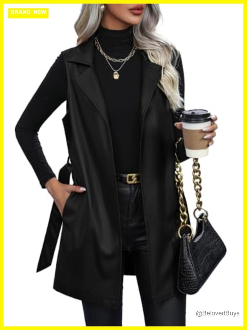 Faux Leather Long PU Vest Sleeveless Open Front Jacket with Belt